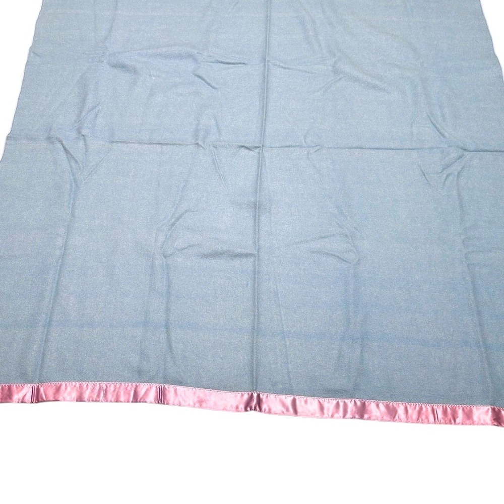 Vintage Blue Wool Blanket Lavender Satin Trim ‎ Mid Century Modern 62"x 65" - Picture 2 of 3